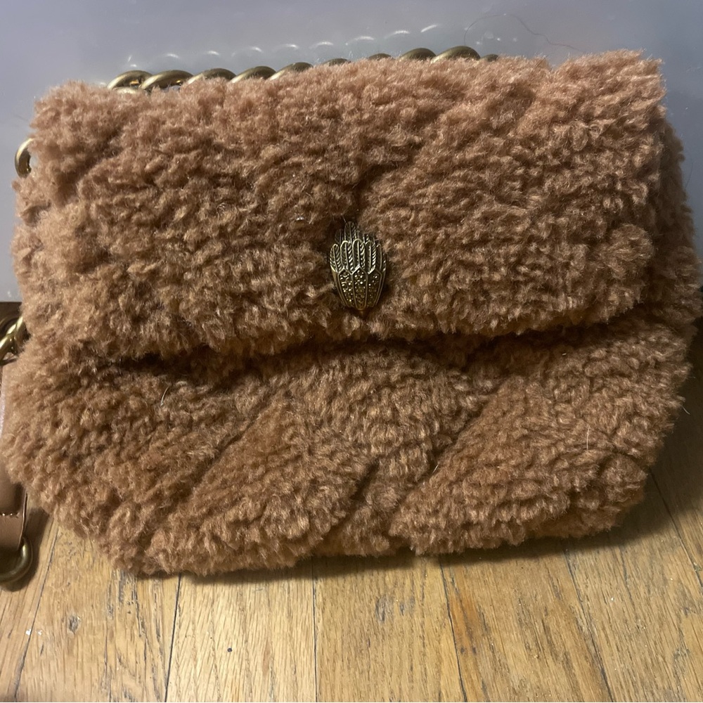 Kurt Geiger Faux Shearling Chain Crossbody Bag in Camel Brown with Gold Hardware